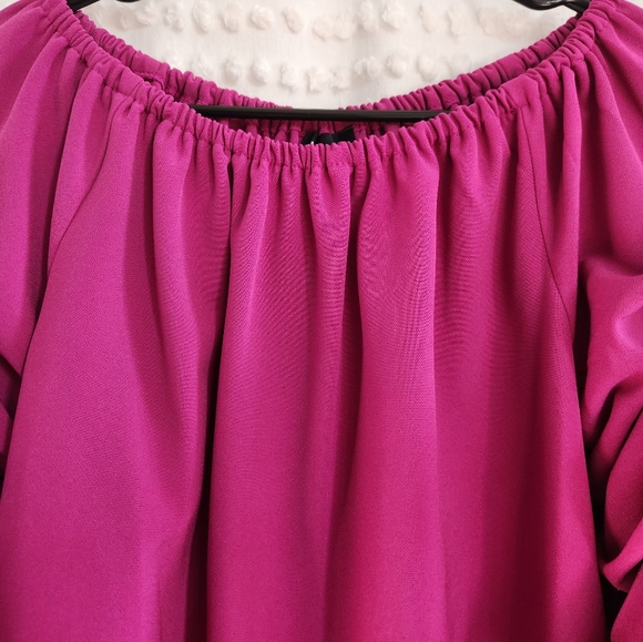 Magenta pink rutched and ruffled off the shoulder top from Macy's, size medium - Picture 2 of 3